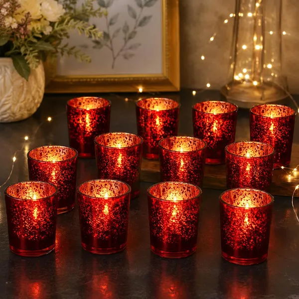 Manraj_Glass_Tealight_Candle_Holder_Set_Of_12,Glass_Votive_Candle_Holders,Clear_Tea_Light_Holders_Bulk_For_Wedding_Holiday_Birthday_Party_Dinner_&_Home_Decor_(12,_Red)