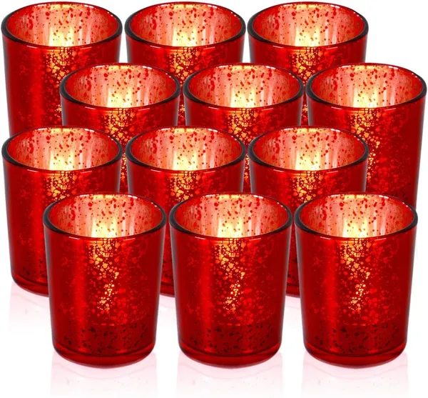 Manraj_Glass_Tealight_Candle_Holder_Set_Of_6,Glass_Votive_Candle_Holders,Clear_Tea_Light_Holders_Bulk_For_Wedding_Holiday_Birthday_Party_Dinner_&_Home_Decor_(6,_Red)