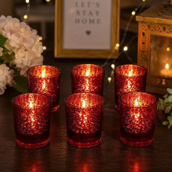 Manraj_Glass_Tealight_Candle_Holder_Set_Of_6,Glass_Votive_Candle_Holders,Clear_Tea_Light_Holders_Bulk_For_Wedding_Holiday_Birthday_Party_Dinner_&_Home_Decor_(6,_Red)