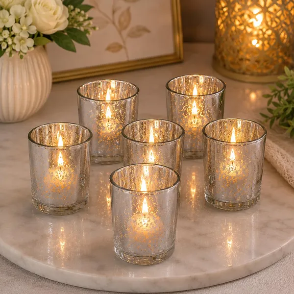 Manraj_Glass_Tealight_Candle_Holder_Set_Of_6,Glass_Votive_Candle_Holders,Clear_Tea_Light_Holders_Bulk_For_Wedding_Holiday_Birthday_Party_Dinner_&_Home_Decor_(6,_Silver)