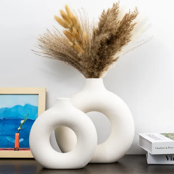 Manraj_White_Donut_Vase_Hollow_Ceramic_Vase_For_Flowers_Handmade_Minimalist_Boho_Ins_Style_Modern_Home_Decor_For_Wedding_Dinner_Table_Party_Living_Room_Office_Bedroom_(Set_Of_2)