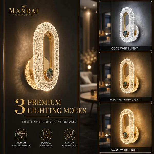 Manraj_Curvy_Style_2_Led_Wall_Light_With_3_Color_Modes_|_Modern_Acrylic_Wall_Sconce_Lamp_For_Living_Room,_Bedroom,_Hallway_&_Home_Decor_|_Gold_Finish_(23_Cm)_(Pack_Of_2,_Oval_Crystal)