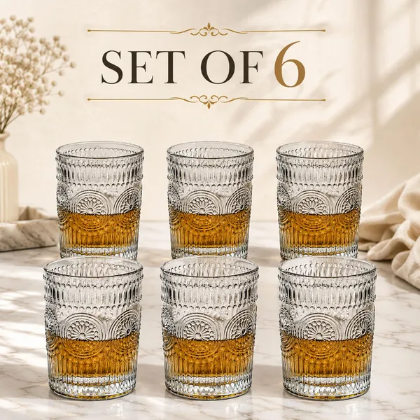 Manraj_Vintage_Drinking_Glasses_Set_Of_6,_Textured_Clear_Striped_Glass_Cups-6_Highball_Glasses_6_Rocks_Glasses,_Ribbed_Glassware_Set,_Mojito_Cups,_Cocktail_Glass,_Iced_Coffee_Cup