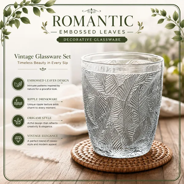 Manraj_Glass_Romantic_Embossed_Leaves_Decorative_Glasses_Set_Of_6,_Vintage_Glassware_Set,_Ripple_Drinkware,_Origami_Style_Transparent_Cocktail_Glasses_Set,_Bar_Beverages_Ice_Coffee_Cup,_(275Ml)