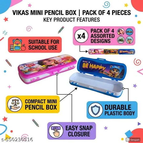 Vikas_Mini_Plastic_Pencil_Box_Set_Of_4_For_Kids_Cartoon_Design_Compact_Stationery_Box_Combo_For_Boys_And_Girls_Be_Happy_All_Rounder_Pink_Girl_Boom_Red_Pencil_Box_Combo_For_Students_-_Pack_of_2