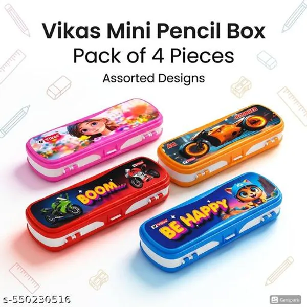 Vikas_Mini_Plastic_Pencil_Box_Set_Of_4_For_Kids_Cartoon_Design_Compact_Stationery_Box_Combo_For_Boys_And_Girls_Be_Happy_All_Rounder_Pink_Girl_Boom_Red_Pencil_Box_Combo_For_Students_-_Pack_of_2