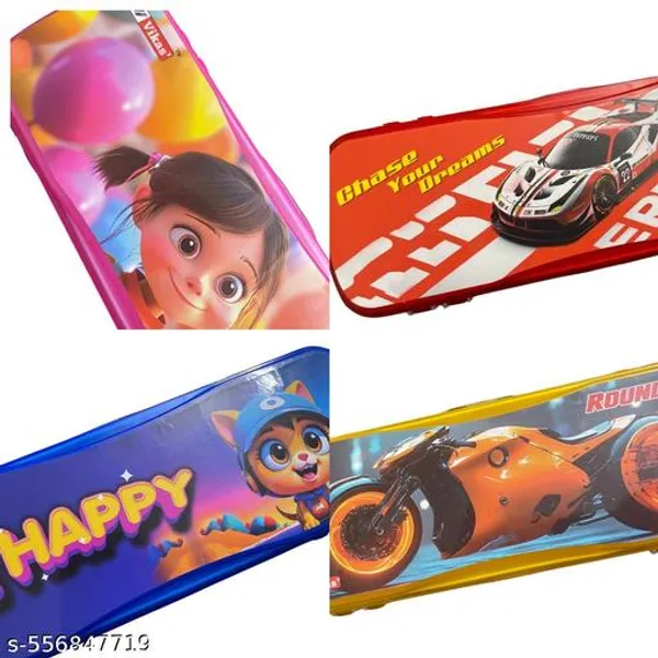 Vikas_Ultra_Size_Plastic_Pencil_Box_Combo_Pack_Of_4_For_Kids_Cartoon_Design_Pencil_Box_For_Girls_Boys_Red_Race_Car_Blue_Be_Happy_Pink_Girl_Yellow_All_Rounder_Freedom_On_Wheels_Design_Pencil_Box_For_Kids_-_Pack_of_2