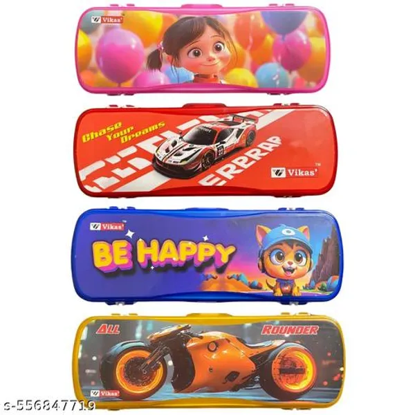 Vikas_Ultra_Size_Plastic_Pencil_Box_Combo_Pack_Of_4_For_Kids_Cartoon_Design_Pencil_Box_For_Girls_Boys_Red_Race_Car_Blue_Be_Happy_Pink_Girl_Yellow_All_Rounder_Freedom_On_Wheels_Design_Pencil_Box_For_Kids_-_Pack_of_2