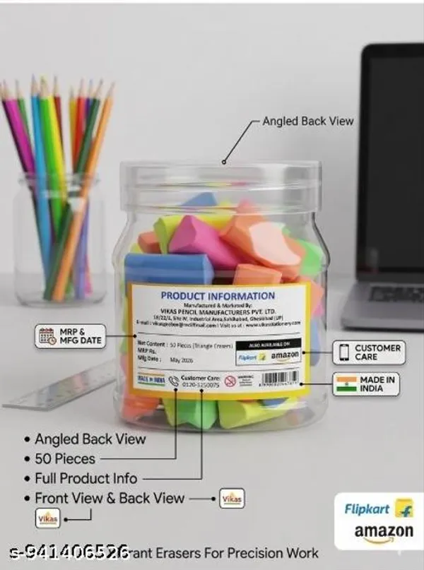 Vikas_Fancy_Triangle_Eraser_Pack_Of_50_Soft_Clean_Erasing_Non_Dust_School_Office_Eraser_Break_Resistant_Smooth_Erasing_Bulk_Pack_-_Pack_of_2