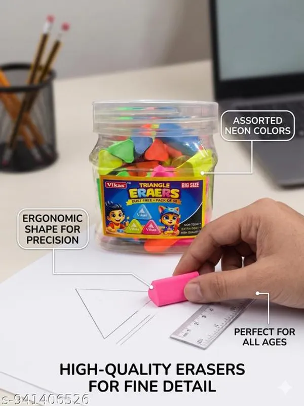 Vikas_Fancy_Triangle_Eraser_Pack_Of_50_Soft_Clean_Erasing_Non_Dust_School_Office_Eraser_Break_Resistant_Smooth_Erasing_Bulk_Pack_-_Pack_of_2