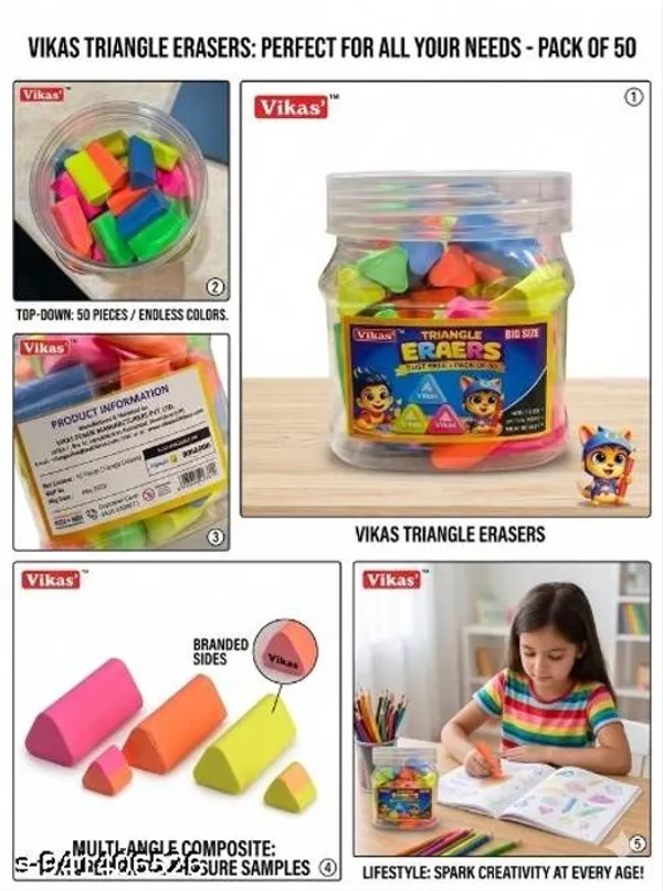 Vikas_Fancy_Triangle_Eraser_Pack_Of_50_Soft_Clean_Erasing_Non_Dust_School_Office_Eraser_Break_Resistant_Smooth_Erasing_Bulk_Pack_-_Pack_of_2