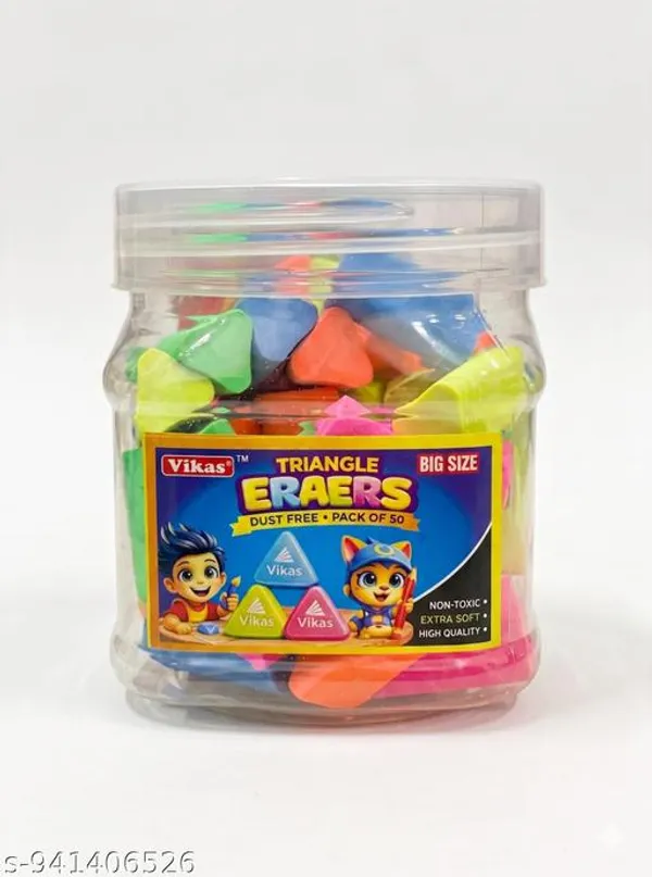 Vikas_Fancy_Triangle_Eraser_Pack_Of_50_Soft_Clean_Erasing_Non_Dust_School_Office_Eraser_Break_Resistant_Smooth_Erasing_Bulk_Pack_-_Pack_of_2