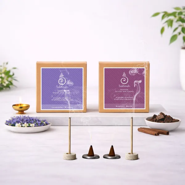 Sukhinah:_Lavender_and_Kasturi__Incense_Sticks_and_Cones_Pack_Of_4._(Charcoal-Free,_Low_Smoke,__Bambooless_)