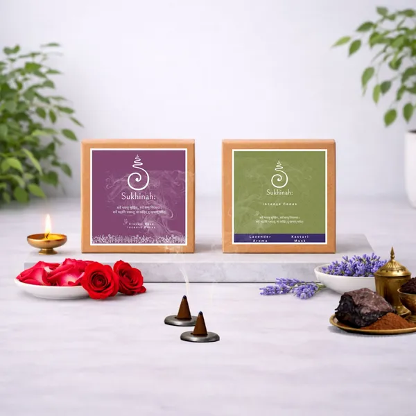 Sukhinah:_Kasturi,_Rose_and_Lavender__Incense_Cones_Pack_Of_3._(Charcoal-Free,_Low_Smoke)