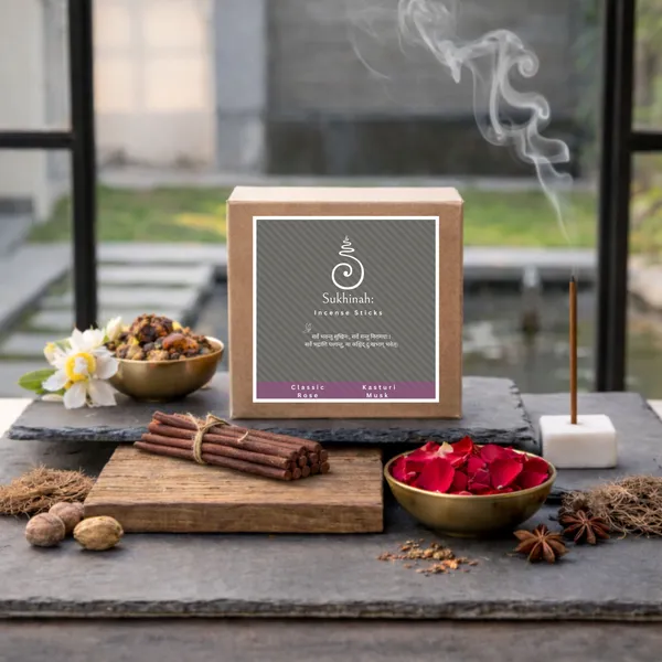 Sukhinah:_Premium_Classic_Rose_And_Kasturi_Musk_Incense_Sticks_Pack_Of_2._(Charcoal-Free,_Low_Smoke_Bambooless)