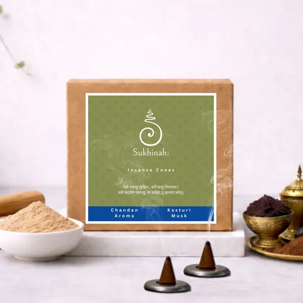 Sukhinah:_Kasturi_and_Chandan__Incense_Cones_Pack_Of_2._(Charcoal-Free,_Low_Smoke)