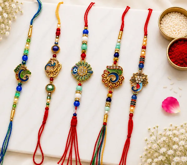 The_peacock_collection_�_Premium,_hand_made_rakhi_set_of_5,_roli_chawal_and_a_set_of_2_som