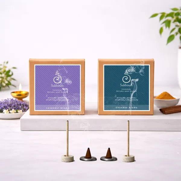 Sukhinah:_Premium_Lavender_and_Chandan_Aroma__Charcoal-Free,_Low_Smoke,_Bambooless_Incense_Sticks_and_Cones_Pack_Of_4.