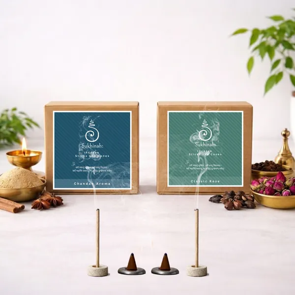 Sukhinah:_Rose_and_Chandan__Incense_Sticks_and_Cones_Pack_Of_4._(Charcoal-Free,_Low_Smoke,__Bambooless_)