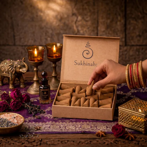 Sukhinah:_Kasturi_(Musk)_Charcoal-Free,_Low_Smoke,_Bamboo_less_Incense_Sticks_And_Cones_Pack_Of_2.