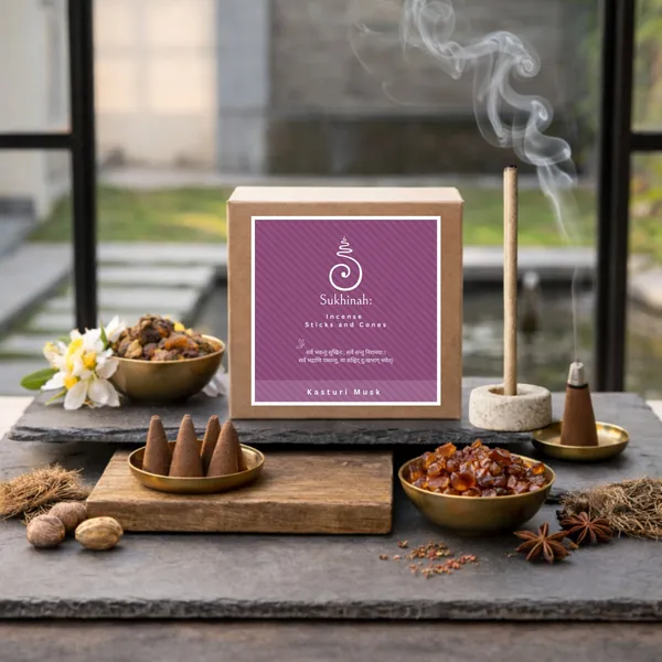 Sukhinah:_Kasturi_(Musk)_Charcoal-Free,_Low_Smoke,_Bamboo_less_Incense_Sticks_And_Cones_Pack_Of_2.