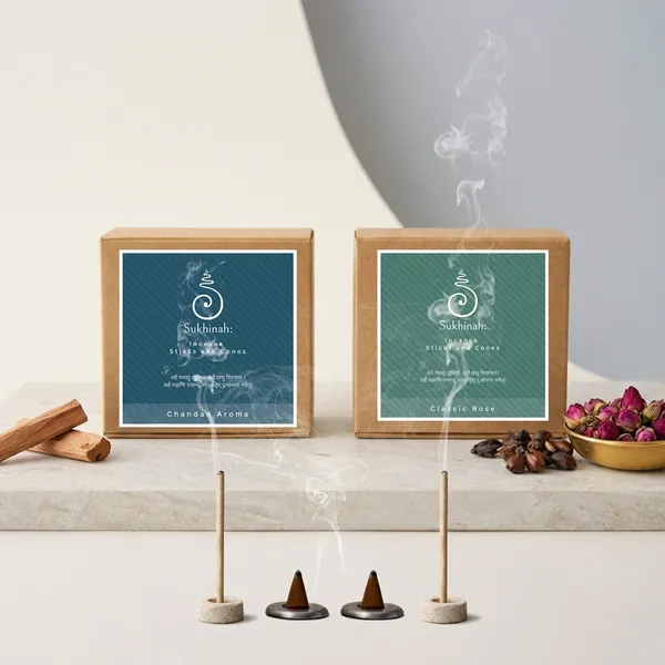 Sukhinah:_Rose_and_Chandan__Incense_Sticks_and_Cones_Pack_Of_4._(Charcoal-Free,_Low_Smoke,__Bambooless_)