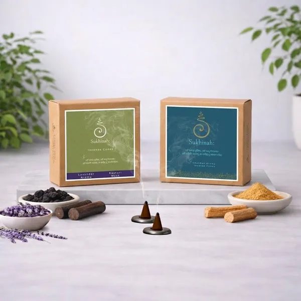 Sukhinah:_Kasturi,_Lavender_and_Chandan__Incense_Cones_Pack_Of_3._(Charcoal-Free,_Low_Smoke)