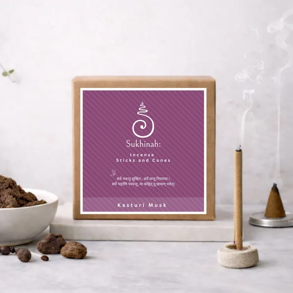 Sukhinah:_Kasturi_(Musk)_Charcoal-Free,_Low_Smoke,_Bamboo_less_Incense_Sticks_And_Cones_Pack_Of_2.