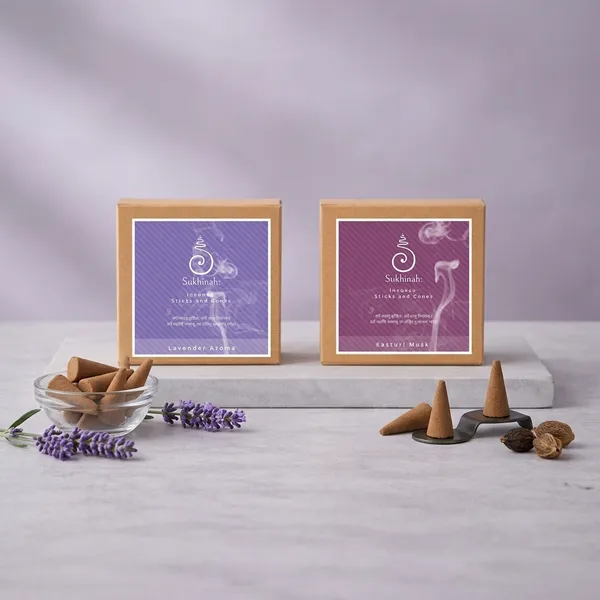 Sukhinah:_Lavender_and_Kasturi__Incense_Sticks_and_Cones_Pack_Of_4._(Charcoal-Free,_Low_Smoke,__Bambooless_)