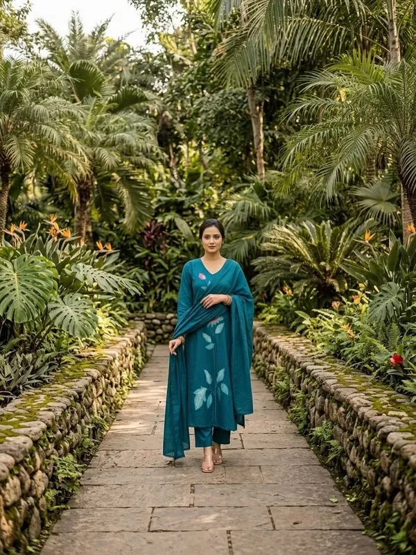 Teal_Blue_Dhabu_Cotton_Dress_For_Women