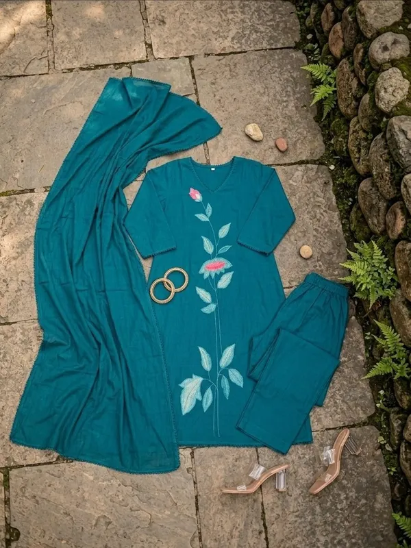 Teal_Blue_Dhabu_Cotton_Dress_For_Women