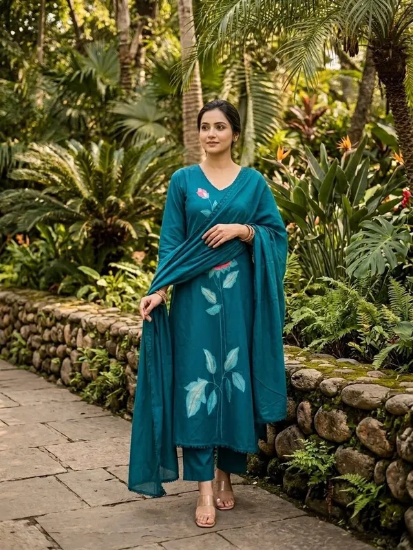 Teal_Blue_Dhabu_Cotton_Dress_For_Women