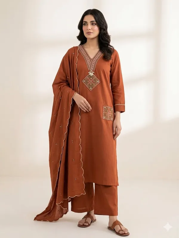 Orange_Dhabu_Cotton_Dress_For_Women