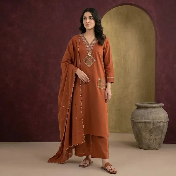 Orange_Dhabu_Cotton_Dress_For_Women