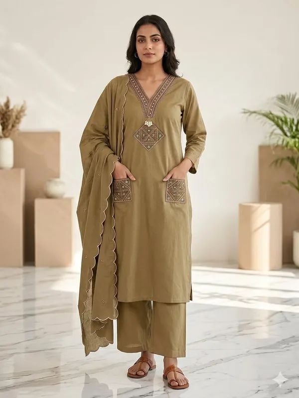 Khaki_Dhabu_Cotton_Dress_For_Women