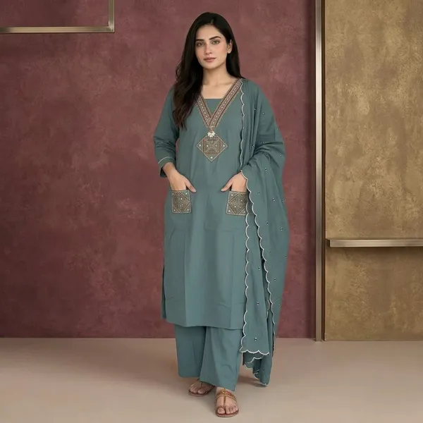 Dusty_Teal_Blue_Dhabu_Cotton_Dress_For_Women