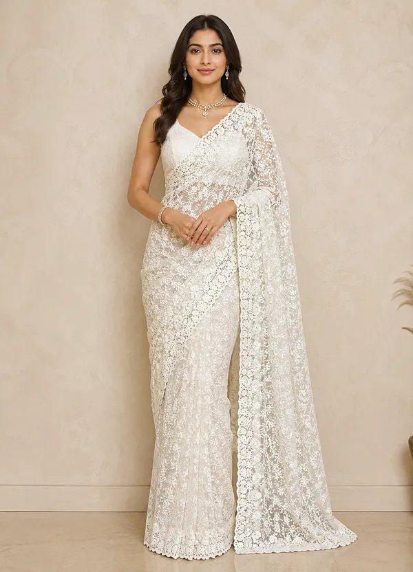 White_Net_Saree_For_Women