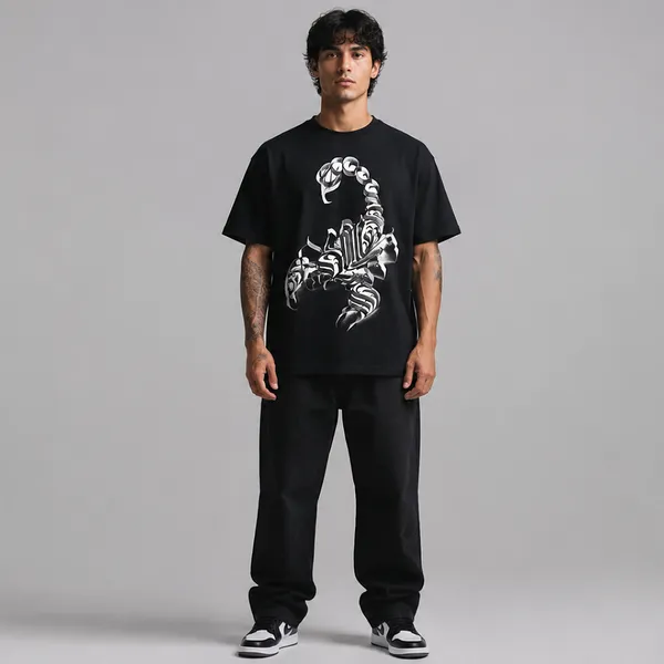 SLYEE_Tribal_Scorpion_Graphic_Printed_Round_Neck_Cotton_T-Shirt
