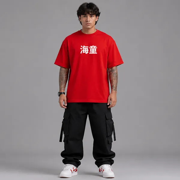 SLYEE_Red_Oversized_KAIDO_Japanese_Typography_Printed_Round_Neck_Cotton_T-Shirt