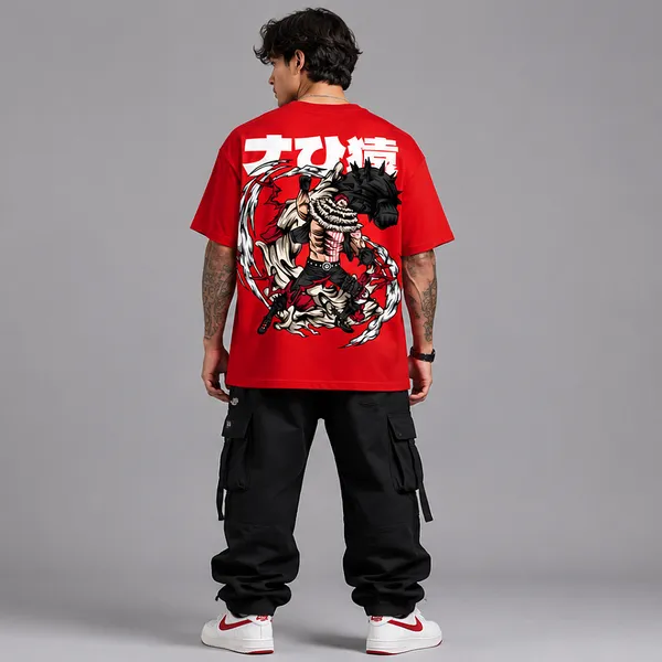 SLYEE_Red_Oversized_KAIDO_Japanese_Typography_Printed_Round_Neck_Cotton_T-Shirt