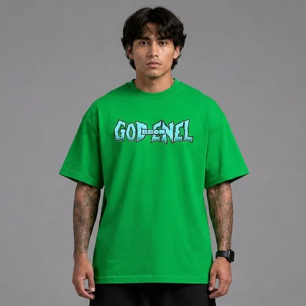 SLYEE_Bright_Green_GOD_ENEL_Oversized_Graphic_Printed_Round_Neck_Cotton_T-Shirt