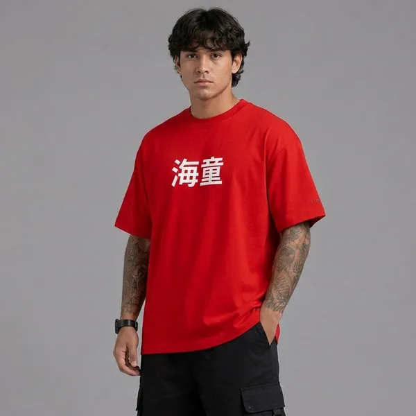 SLYEE_Red_Oversized_KAIDO_Japanese_Typography_Printed_Round_Neck_Cotton_T-Shirt