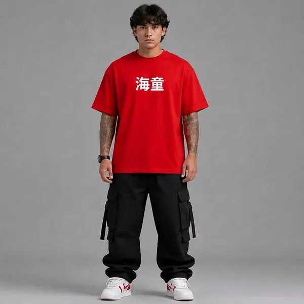 SLYEE_Red_Oversized_KAIDO_Japanese_Typography_Printed_Round_Neck_Cotton_T-Shirt