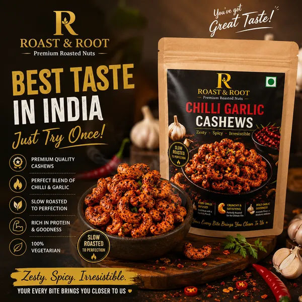 ROAST_&_ROOT_Chilli_Garlic_Cashews,_227g_|_Premium_Roasted_Whole_Cashews_|_Bold_Garlic_&_Spicy_Chilli_Flavour_|_High_Protein_Snack_|_Crunchy_&_Ready_to_Eat