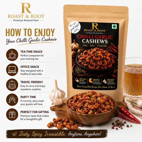ROAST_&_ROOT_Chilli_Garlic_Cashews,_227g_|_Premium_Roasted_Whole_Cashews_|_Bold_Garlic_&_Spicy_Chilli_Flavour_|_High_Protein_Snack_|_Crunchy_&_Ready_to_Eat