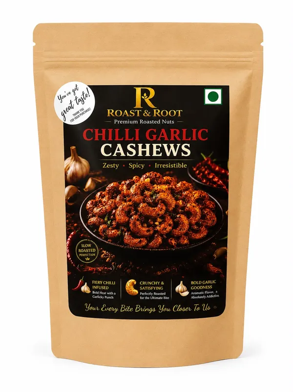 ROAST_&_ROOT_Chilli_Garlic_Cashews,_227g_|_Premium_Roasted_Whole_Cashews_|_Bold_Garlic_&_Spicy_Chilli_Flavour_|_High_Protein_Snack_|_Crunchy_&_Ready_to_Eat