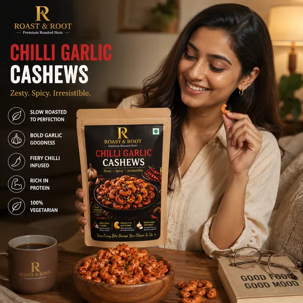 ROAST_&_ROOT_Chilli_Garlic_Cashews,_227g_|_Premium_Roasted_Whole_Cashews_|_Bold_Garlic_&_Spicy_Chilli_Flavour_|_High_Protein_Snack_|_Crunchy_&_Ready_to_Eat