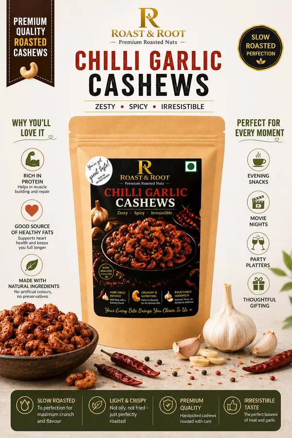 ROAST_&_ROOT_Chilli_Garlic_Cashews,_227g_|_Premium_Roasted_Whole_Cashews_|_Bold_Garlic_&_Spicy_Chilli_Flavour_|_High_Protein_Snack_|_Crunchy_&_Ready_to_Eat