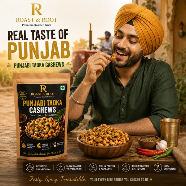 ROAST_&_ROOT_Punjabi_Tadka_Cashews_|_Authentic_Punjabi_Masala_Flavoured_Premium_Roasted_Cashews_|_Crunchy,_Protein-Rich_Snack_|_Perfect_Tea-Time_&_Travel_Snack_|_227g