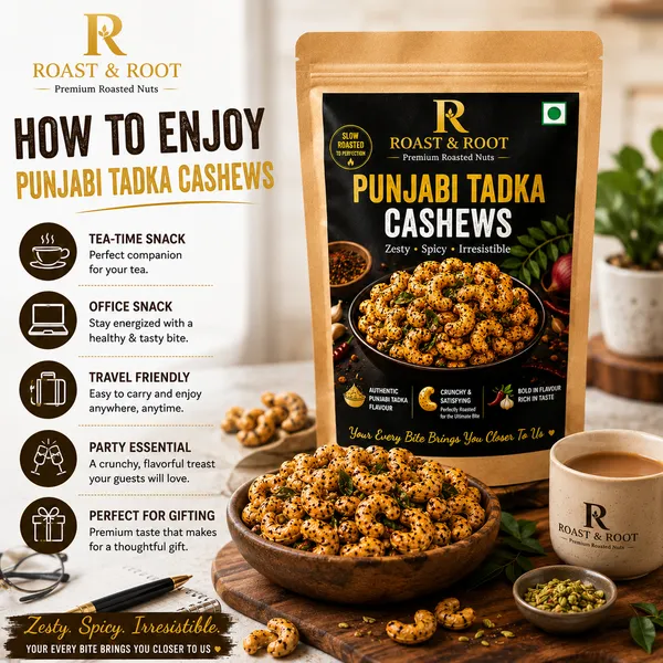 ROAST_&_ROOT_Punjabi_Tadka_Cashews_|_Authentic_Punjabi_Masala_Flavoured_Premium_Roasted_Cashews_|_Crunchy,_Protein-Rich_Snack_|_Perfect_Tea-Time_&_Travel_Snack_|_227g
